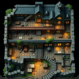 A highly detailed Dungeons and Dragons battle map showcasing an abandoned wizard's mansion