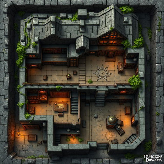 A highly detailed Dungeons and Dragons battle map showcasing an abandoned wizard's mansion