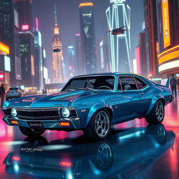 A futuristic Chevy Nova, sleek and aerodynamic, showcasing advanced technology and an electric design