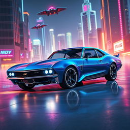 A futuristic Chevy Nova, sleek and aerodynamic, showcasing advanced technology and an electric design