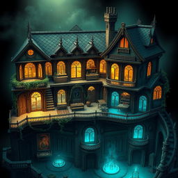 A captivating Dungeons and Dragons battle map of an abandoned wizard's mansion known as the 'House of Mirrors'