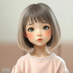 A realistic portrait of a girl with a mindsize stature, featuring short hair styled in a soft aesthetic