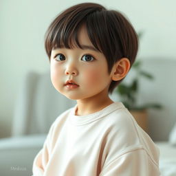 A realistic portrait of a girl with a mindsize stature, featuring short hair styled in a soft aesthetic