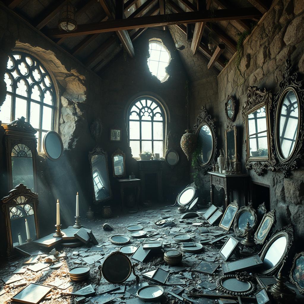 A striking image of a slightly destroyed wizard's mansion filled with an overwhelming number of mirrors