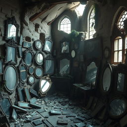 A striking image of a slightly destroyed wizard's mansion filled with an overwhelming number of mirrors