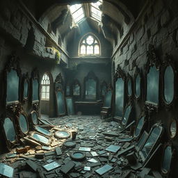 A striking image of a slightly destroyed wizard's mansion filled with an overwhelming number of mirrors