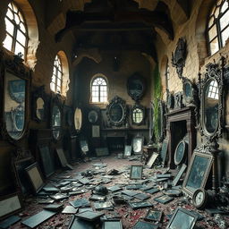 A striking image of a slightly destroyed wizard's mansion filled with an overwhelming number of mirrors