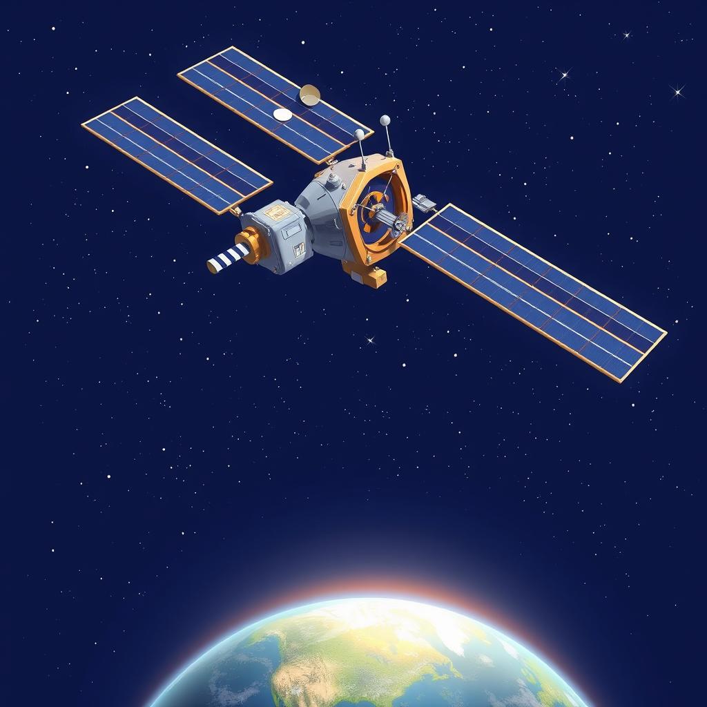 A vibrant and informative illustration depicting a satellite used for research purposes, orbiting above Earth