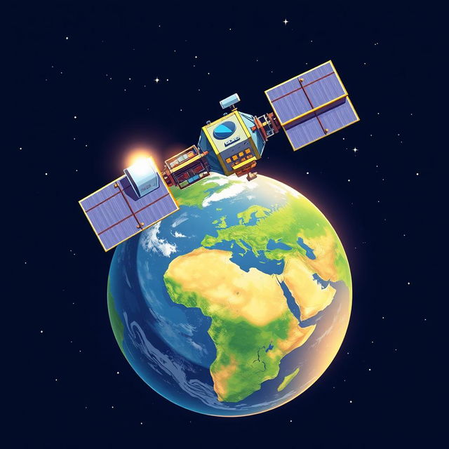 A vibrant and informative illustration depicting a satellite used for research purposes, orbiting above Earth