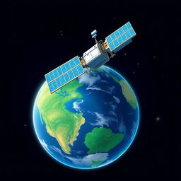 A vibrant and informative illustration depicting a satellite used for research purposes, orbiting above Earth