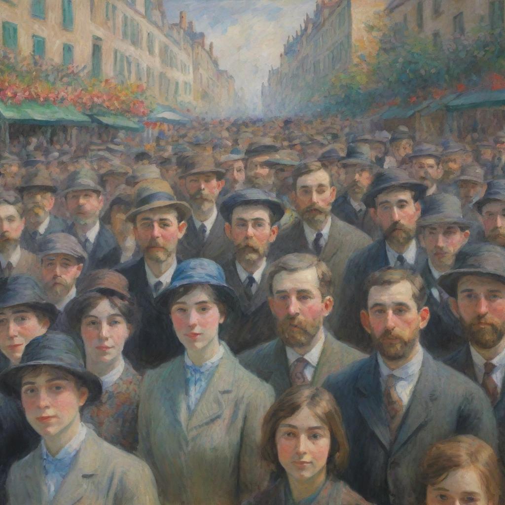 Create an image in the style of Claude Monet featuring a crowd of people facing the viewer. Each face is outlined with fleeting, vibrant strokes characteristic of impressionism, resulting in a lively experience of a shared moment.