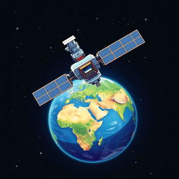 A vibrant and informative illustration depicting a satellite used for research purposes, orbiting above Earth
