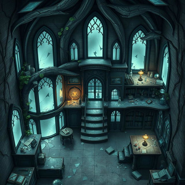 A captivating Dungeons and Dragons battle map featuring a slightly destroyed wizard's mansion overflowing with mirrors