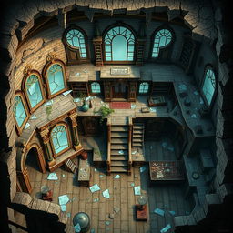 A captivating Dungeons and Dragons battle map featuring a slightly destroyed wizard's mansion overflowing with mirrors