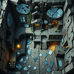 A captivating Dungeons and Dragons battle map featuring a slightly destroyed wizard's mansion overflowing with mirrors