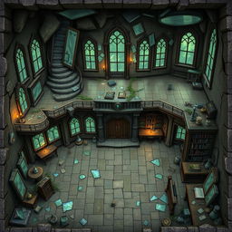 A captivating Dungeons and Dragons battle map featuring a slightly destroyed wizard's mansion overflowing with mirrors