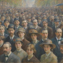 Create an image in the style of Claude Monet featuring a crowd of people facing the viewer. Each face is outlined with fleeting, vibrant strokes characteristic of impressionism, resulting in a lively experience of a shared moment.