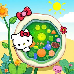 A cute and whimsical illustration of Hello Kitty interacting with a colorful and detailed plant cell