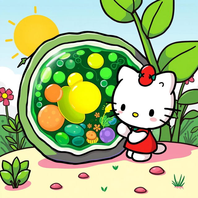 A cute and whimsical illustration of Hello Kitty interacting with a colorful and detailed plant cell