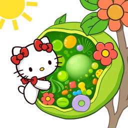 A cute and whimsical illustration of Hello Kitty interacting with a colorful and detailed plant cell