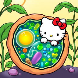 A cute and whimsical illustration of Hello Kitty interacting with a colorful and detailed plant cell