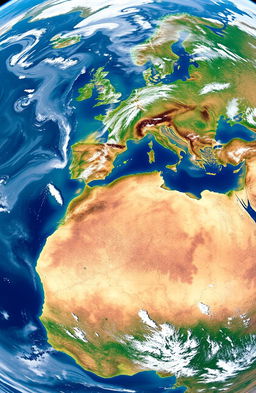 A high-resolution satellite view of Earth captured by a Landsat satellite, showcasing vibrant colors of the landscape, including lush green forests, swirling blue oceans, golden deserts, and snowy mountain peaks