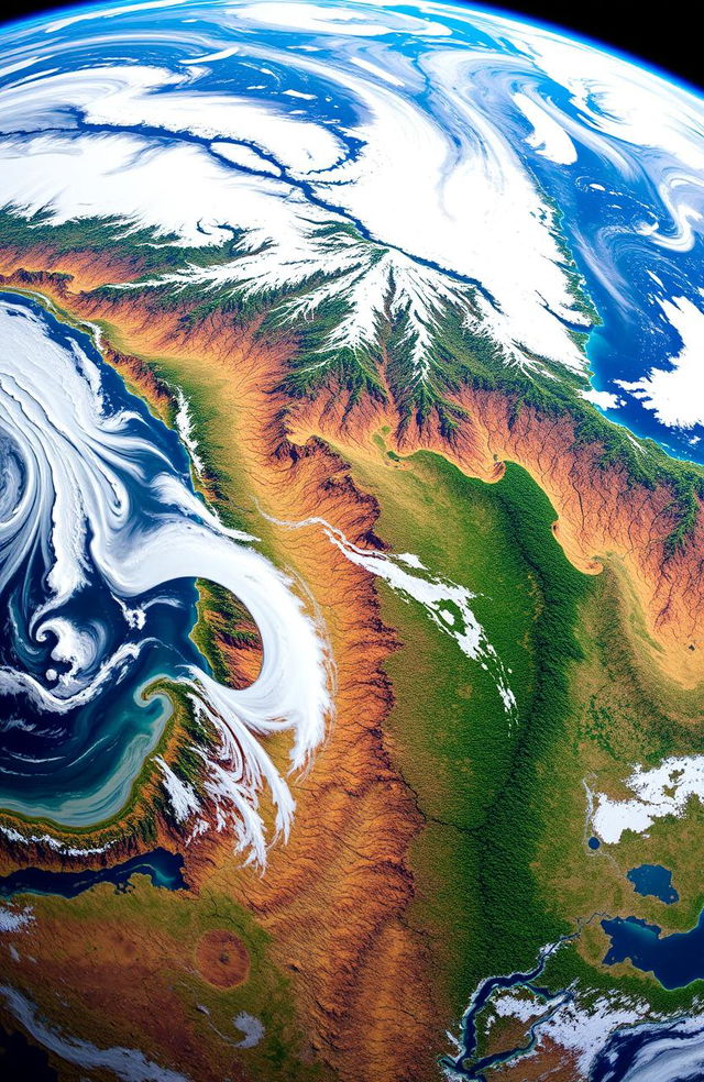 A high-resolution satellite view of Earth captured by a Landsat satellite, showcasing vibrant colors of the landscape, including lush green forests, swirling blue oceans, golden deserts, and snowy mountain peaks