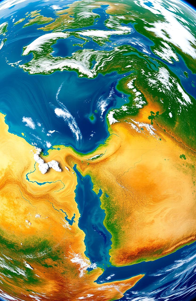 A high-resolution satellite view of Earth captured by a Landsat satellite, showcasing vibrant colors of the landscape, including lush green forests, swirling blue oceans, golden deserts, and snowy mountain peaks