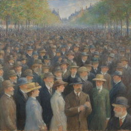 Create an image in the style of Claude Monet featuring a crowd of people facing the viewer. Each face is outlined with fleeting, vibrant strokes characteristic of impressionism, resulting in a lively experience of a shared moment.