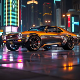 A futuristic concept car inspired by the classic Chevy Nova, sleek and aerodynamic design with sharp angles and a streamlined silhouette