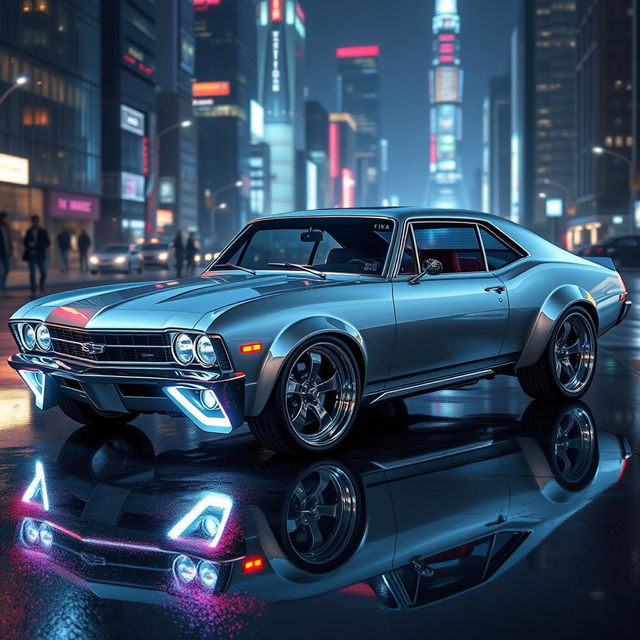 A futuristic concept car inspired by the classic Chevy Nova, sleek and aerodynamic design with sharp angles and a streamlined silhouette
