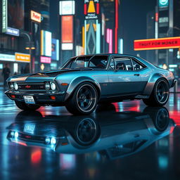 A futuristic concept car inspired by the classic Chevy Nova, sleek and aerodynamic design with sharp angles and a streamlined silhouette