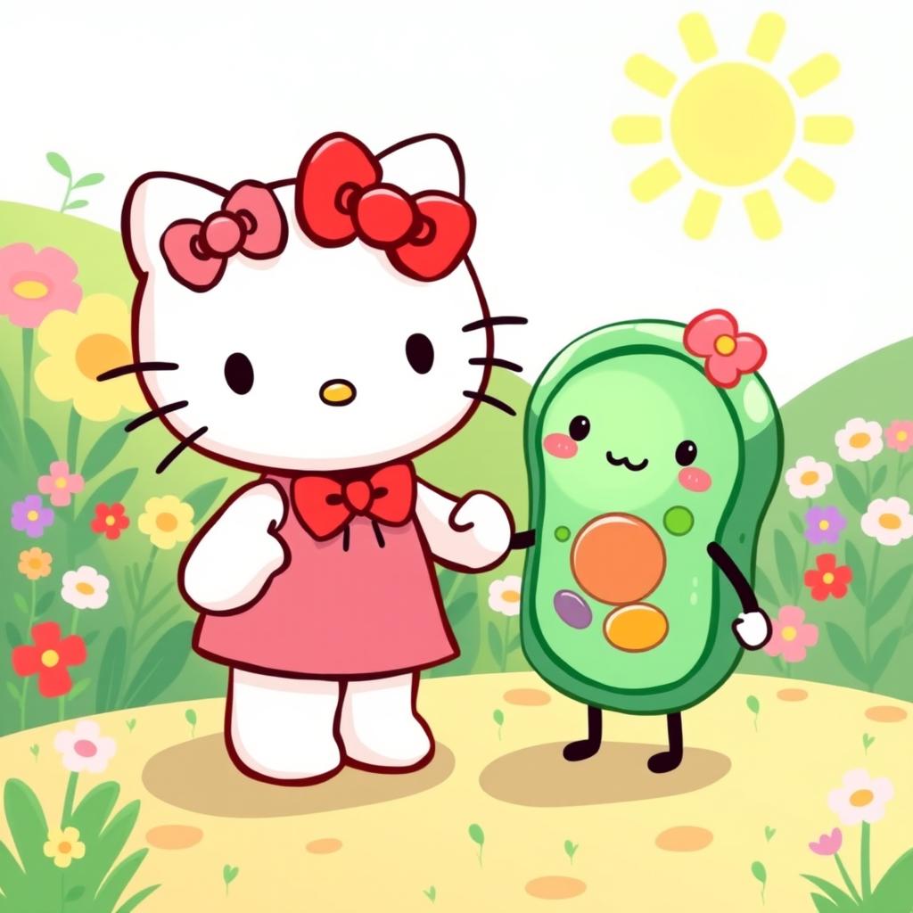 A whimsical and heartwarming illustration of Hello Kitty holding hands with a friendly and anthropomorphized plant cell