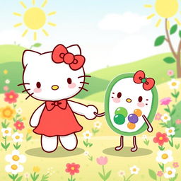 A whimsical and heartwarming illustration of Hello Kitty holding hands with a friendly and anthropomorphized plant cell