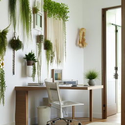 A serene and functional home office showcasing a white wall densely adorned with fake plants. The room features elements of warm wood and a predominant white color scheme.