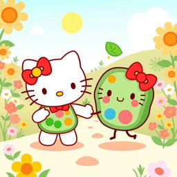 A whimsical and heartwarming illustration of Hello Kitty holding hands with a friendly and anthropomorphized plant cell