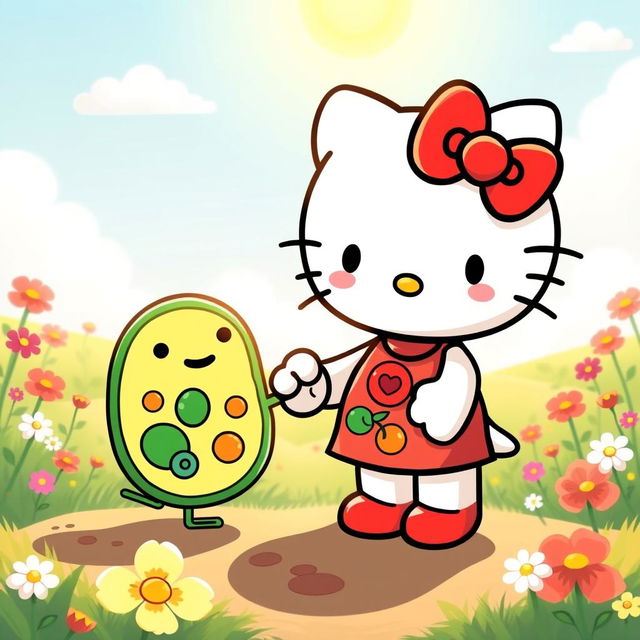 A whimsical and heartwarming illustration of Hello Kitty holding hands with a friendly and anthropomorphized plant cell