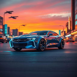 A futuristic Chevy Nova, sleek and aerodynamic design with sharp lines and a metallic blue finish, showcasing advanced technology features like holographic displays and LED lighting accents