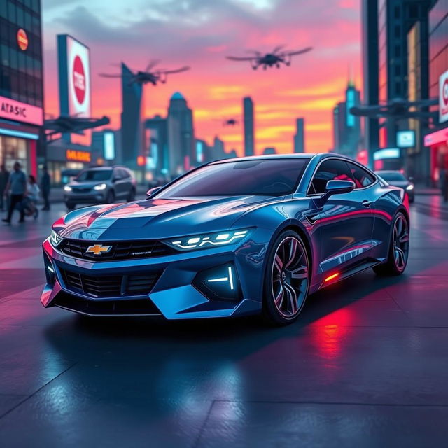 A futuristic Chevy Nova, sleek and aerodynamic design with sharp lines and a metallic blue finish, showcasing advanced technology features like holographic displays and LED lighting accents