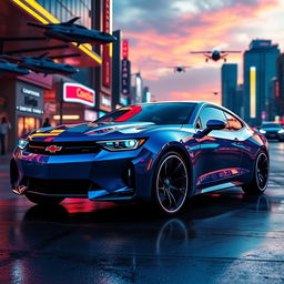 A futuristic Chevy Nova, sleek and aerodynamic design with sharp lines and a metallic blue finish, showcasing advanced technology features like holographic displays and LED lighting accents
