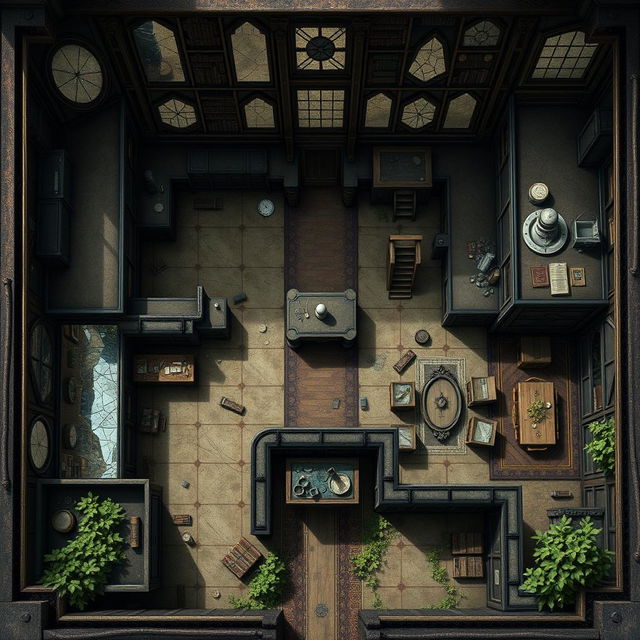 A top-down Dungeons and Dragons battle map of a dusty magical mansion filled with an excess of mirrors