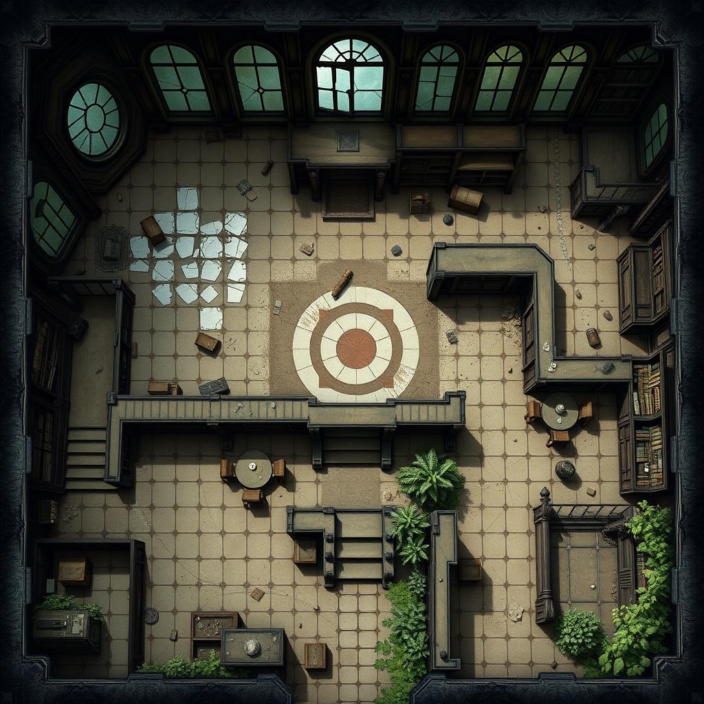 A top-down Dungeons and Dragons battle map of a dusty magical mansion filled with an excess of mirrors