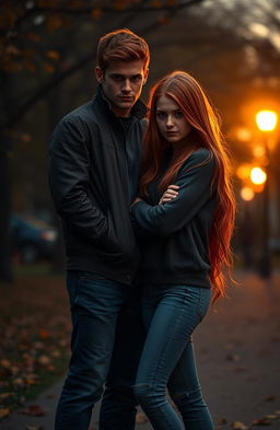 A melancholic romance scene featuring a red-haired girl with a traumatized expression and a handsome quarterback standing beside her