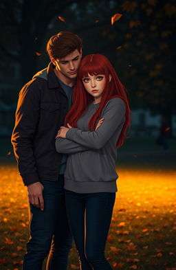 A melancholic romance scene featuring a red-haired girl with a traumatized expression and a handsome quarterback standing beside her