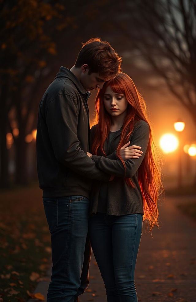 A melancholic romance scene featuring a red-haired girl with a traumatized expression and a handsome quarterback standing beside her