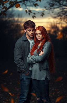 A melancholic romance scene featuring a red-haired girl with a traumatized expression and a handsome quarterback standing beside her