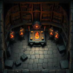 A top-down Dungeons and Dragons battle map of a dusty magical mansion basement, featuring an infernal altar prominently positioned in the center