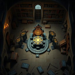 A top-down Dungeons and Dragons battle map of a dusty magical mansion basement, featuring an infernal altar prominently positioned in the center