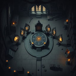 A top-down Dungeons and Dragons battle map of a dusty magical mansion basement, featuring an infernal altar prominently positioned in the center