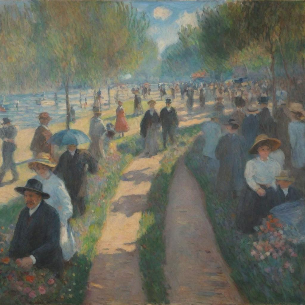 In the style of Claude Monet, illustrate a crowd of people facing the viewer with a distinctive pathway cutting through the middle. The lively impressionistic strokes add movement and color, while the path adds a depth and perspective to the scene.